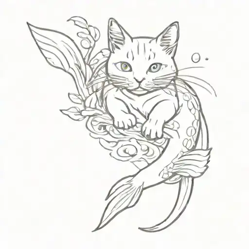 A sketch-style tattoo of a cute cat chasing after koi fish in a traditional Japanese setting tattoo design idea