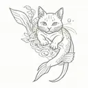A sketch-style tattoo of a cute cat chasing after koi fish in a traditional Japanese setting tattoo design idea