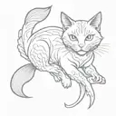 A sketch-style tattoo of a cute cat chasing after koi fish in a traditional Japanese setting tattoo design idea