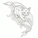 A sketch-style tattoo of a cute cat chasing after koi fish in a traditional Japanese setting tattoo design idea
