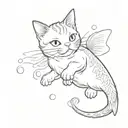A sketch-style tattoo of a cute cat chasing after koi fish in a traditional Japanese setting tattoo design idea
