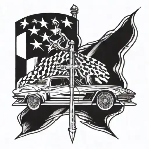 cross and corvette flags ribbon action tattoo design idea