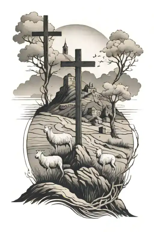 Three crosses on a hill in the distance with Two Lambs on a path leading towards Foreground tattoo design idea