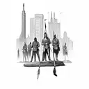 native red indians fighting classic 1920's gangsters with a metropolitan city background evenly spaced out for a back  tattoo design idea