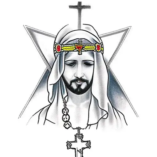 mother maria with necklaces in the hand but the cross of the necklace is a transition of Jesus on the cross tattoo design idea