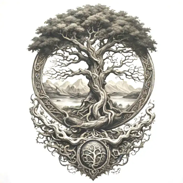 yggdrasil with world serpent wrapped tattoo design idea