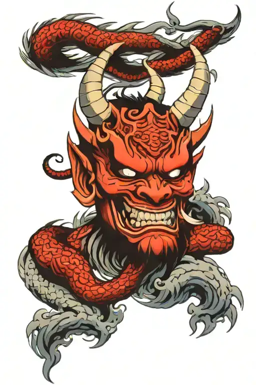 oni mask with dragon wrapped tattoo design idea