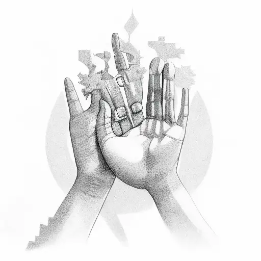 Hands reaching towards a shining chalice tattoo design idea