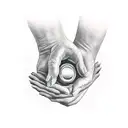 Hands reaching towards a shining chalice tattoo design idea