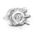 Hands reaching towards a shining chalice tattoo design idea