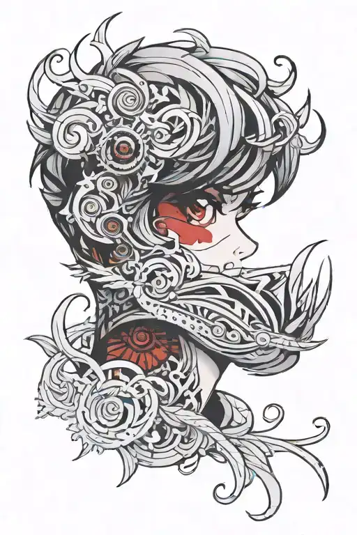 A black and red color palette tattoo of a stylish anime character with intricate eye details tattoo design idea