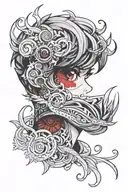 A black and red color palette tattoo of a stylish anime character with intricate eye details tattoo design idea
