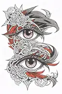 A black and red color palette tattoo of a stylish anime character with intricate eye details tattoo design idea