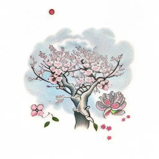 cherry blossom with gene as stem and elephants and trees in stem tattoo design idea
