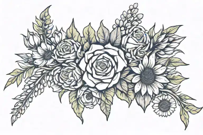 rose, lupine, sunflower, daisy bouquet tied tattoo design idea