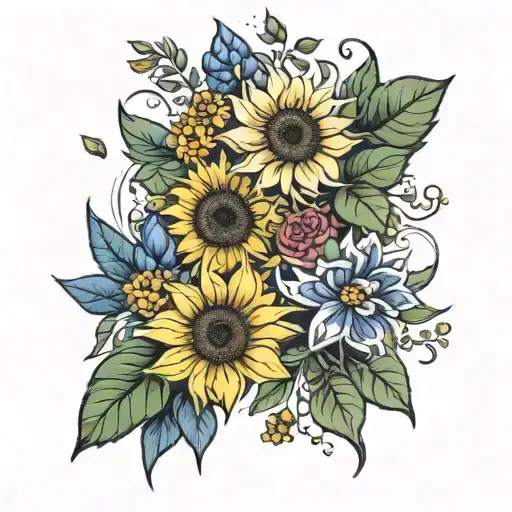 sunflower, lupine, daisy, rose tattoo design idea