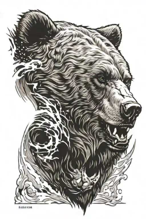 the head of an angry bear with a paw and the sun above him tattoo design idea