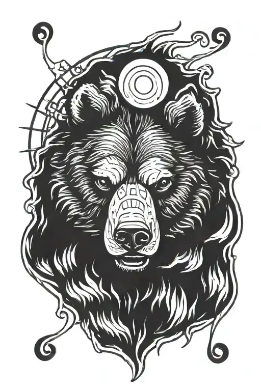 the head of an angry bear with a paw and the sun above him tattoo design idea