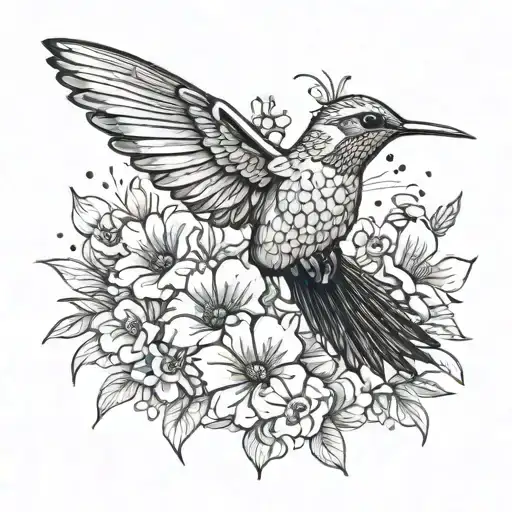Illustrate a hummingbird hovering over a field of flowers, with the words 'I can do all things through Christ who strengthens me' from Phil 4:13 tattoo design idea