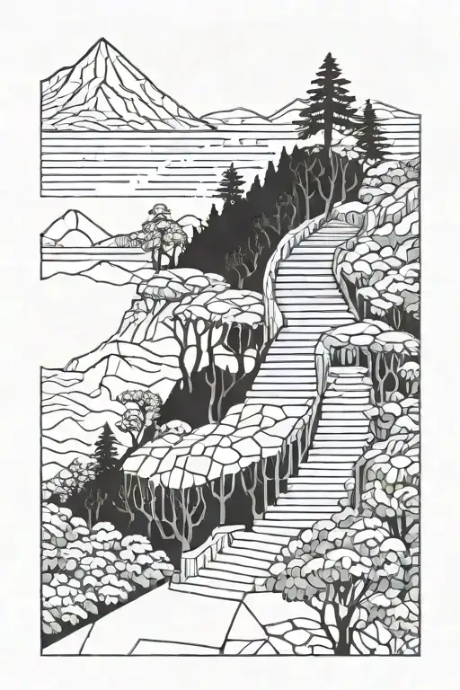 stairs, mountains, turtle hills trees tattoo design idea