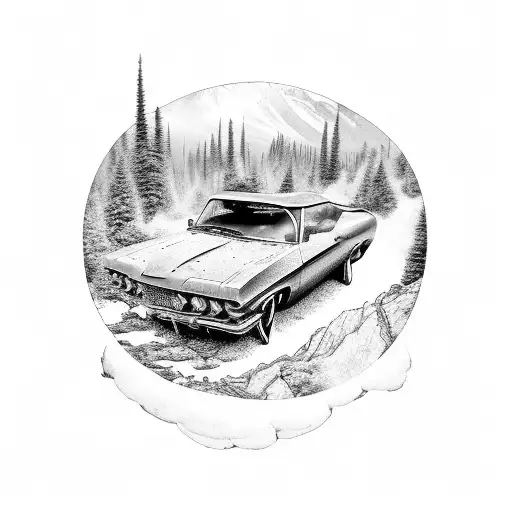 A classic car speeding through a rugged mountain landscape tattoo design idea