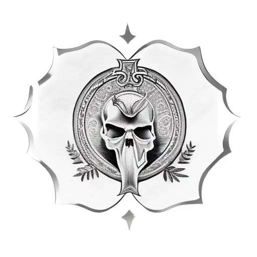 realisic skull inside a laurel wreath momento mori written underneath in old english font tattoo design idea