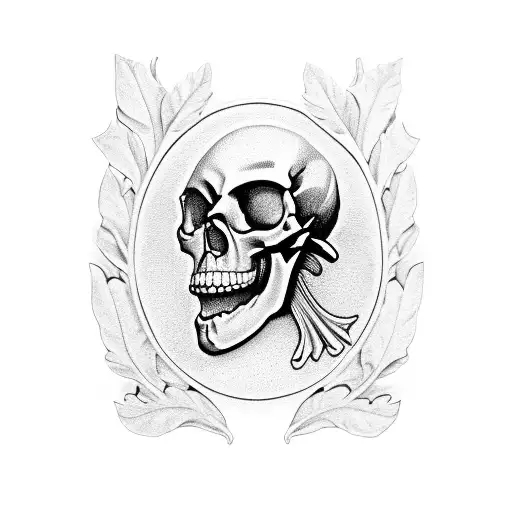 realisic skull inside a laurel wreath momento mori written underneath in old english font tattoo design idea