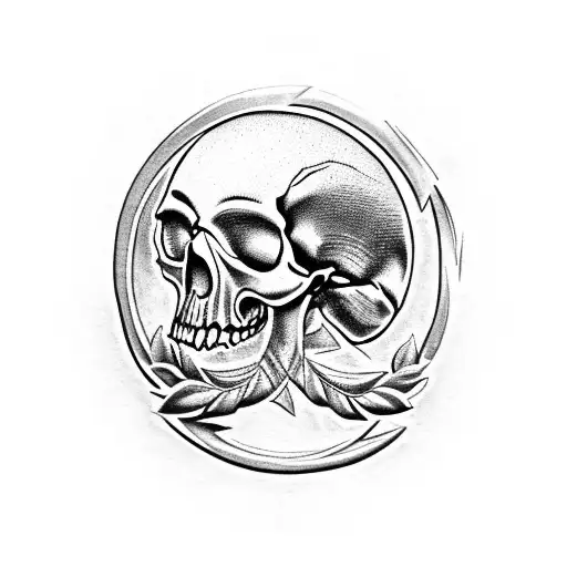 realisic skull inside a laurel wreath momento mori written underneath in old english font tattoo design idea