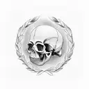 realisic skull inside a laurel wreath momento mori written underneath in old english font tattoo design idea