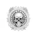 realisic skull inside a laurel wreath momento mori written underneath in old english font tattoo design idea