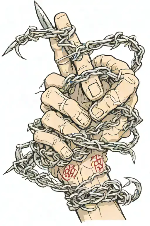 the barbed wire that wraps around the hand turns into the sentence "im i really alive?" in Japanese and from each letter tattoo design idea