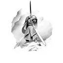 warrior with sword raised to sky and cape tattoo design idea