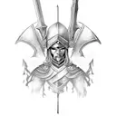 warrior with sword raised to sky and cape tattoo design idea