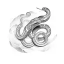 A camera lens morphing into a snake coiled around a paintbrush tattoo design idea