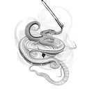 A camera lens morphing into a snake coiled around a paintbrush tattoo design idea