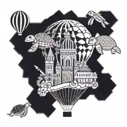 A hot air balloon floating, a turtle to represent hawaii, a pretzel and german castle, and a spanish hand fan with bull tattoo design idea