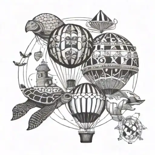 A hot air balloon floating above a turtle and humpback whale, a pretzel, and a spanish hand fan  tattoo design idea
