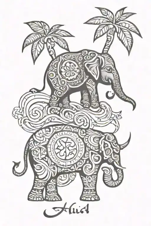 small elephant with Fijian elements and the leaves of a money tree along with the Letters Y N L R tattoo design idea