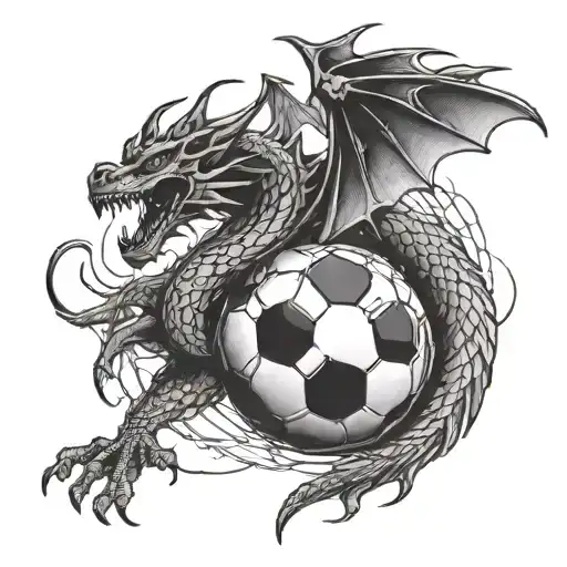 A soccer ball morphing into a dragon symbolizing strength and agility in martial arts tattoo design idea