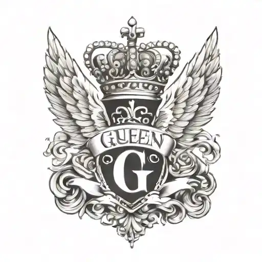 angel wings with queen crown and letter g between wings tattoo design idea
