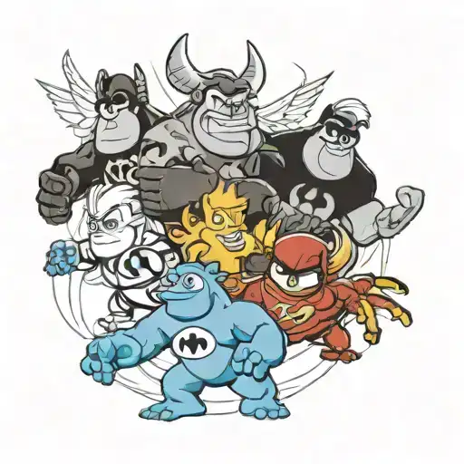 Sulley (monsters inc.), Mr. Incredible (the incredibles), Crush (nemo), tweety bird (looney toons), lightning mcqueen  tattoo design idea