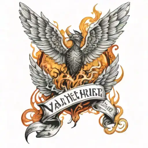 Valkyrie wings, fire water, script "live with intention" tattoo design idea
