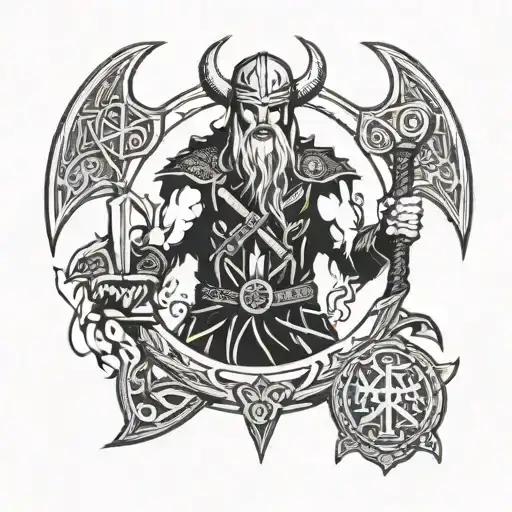 Nordic runes encircle bloody Thor screaming with hammer  tattoo design idea