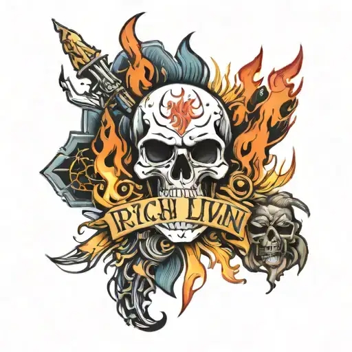words rich livin surrounded by a skull face and flames  tattoo design idea
