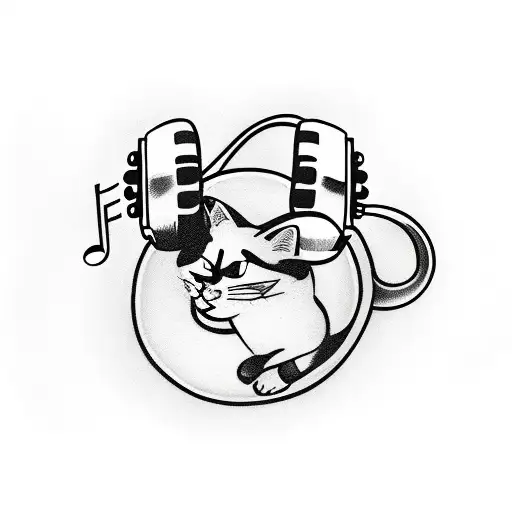 An orange cat wearing headphones and surrounded by music notes tattoo design idea