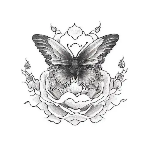 the phrase "Come what may" from in Thai script (Եկ ինչ որ գալու է), roses & butterflies in a Gothic style tattoo design idea