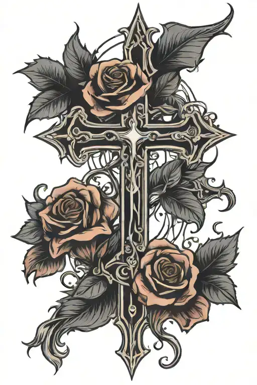 gothic cross and rose intertwined tattoo design idea