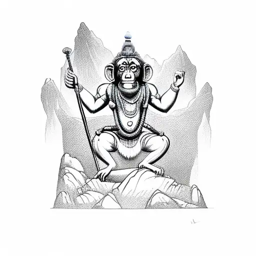 Hanuman, the monkey god, standing triumphantly atop a mountain peak tattoo design idea