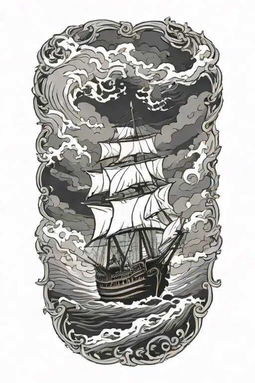 wooden ship sailing through stormy seas tattoo design idea