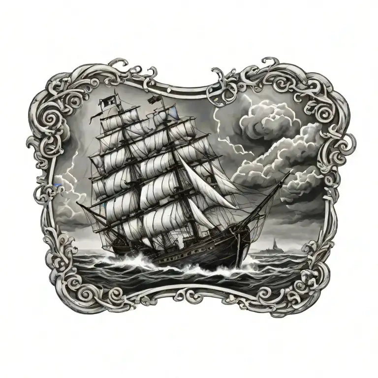 wooden sail ship sailing through stormy+poseidon+Kraken tattoo design idea